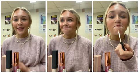 A girl and her friend film a GRWM in biology class