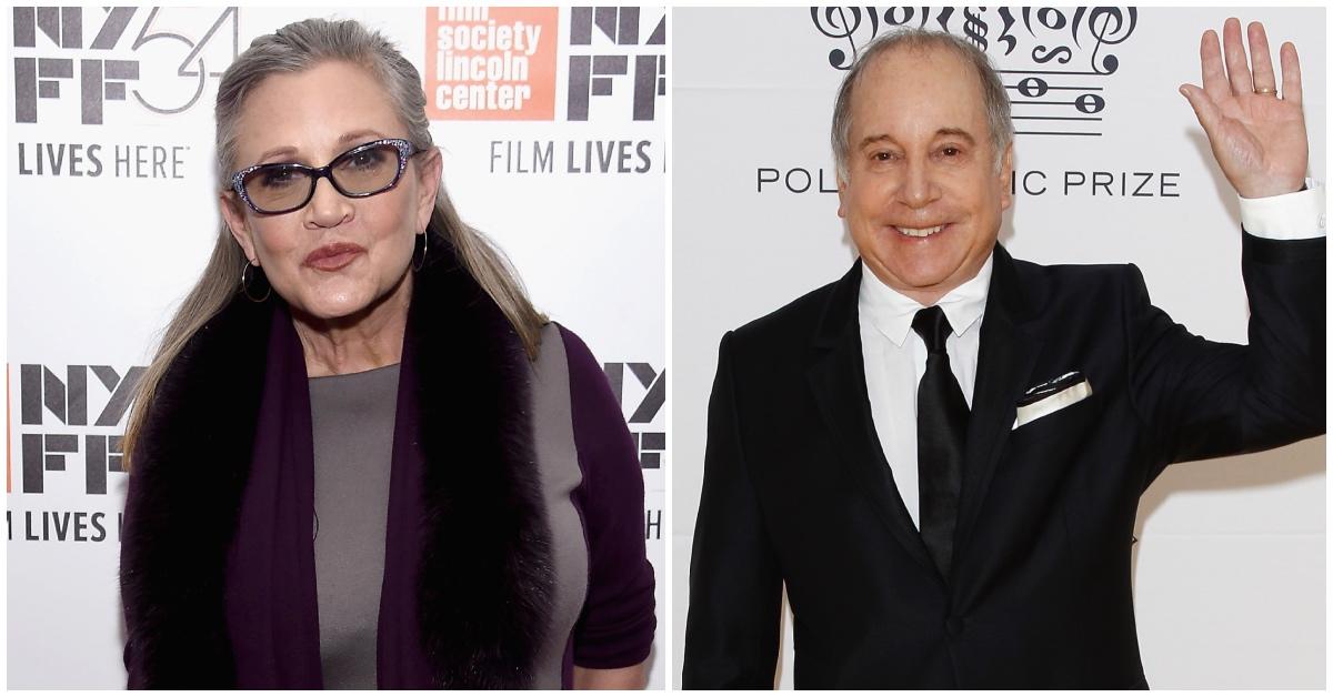 L : Carrie Fisher en 2015, R : Paul Simon en 2012