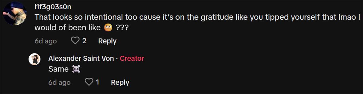 A commenter saying that the charge looks intentional since it's on the gratitude