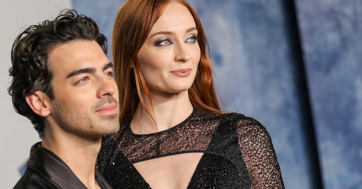 (L-R) Joe Jonas in a black suit, and Sophie Turner in a black dress, attend the  2023 Vanity Fair Oscar Party