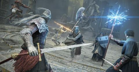 Players fighting with melee weapons in Elden Ring.