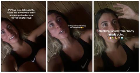 A woman mocked two patrons in a sauna.