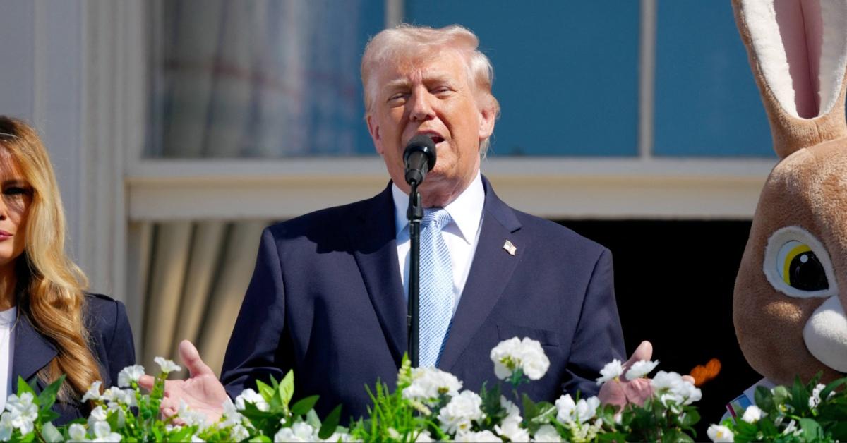 Donald Trump at the 2026 White House Easter roll after threatening Iran.