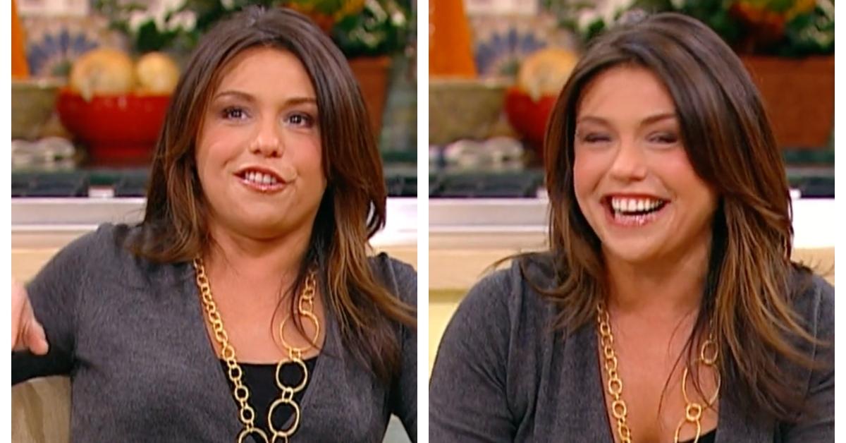 Rachael Ray pictured in 2006 during the premiere episode of her talk show 'Rachael Ray' - wearing gray sweater and hoop necklace