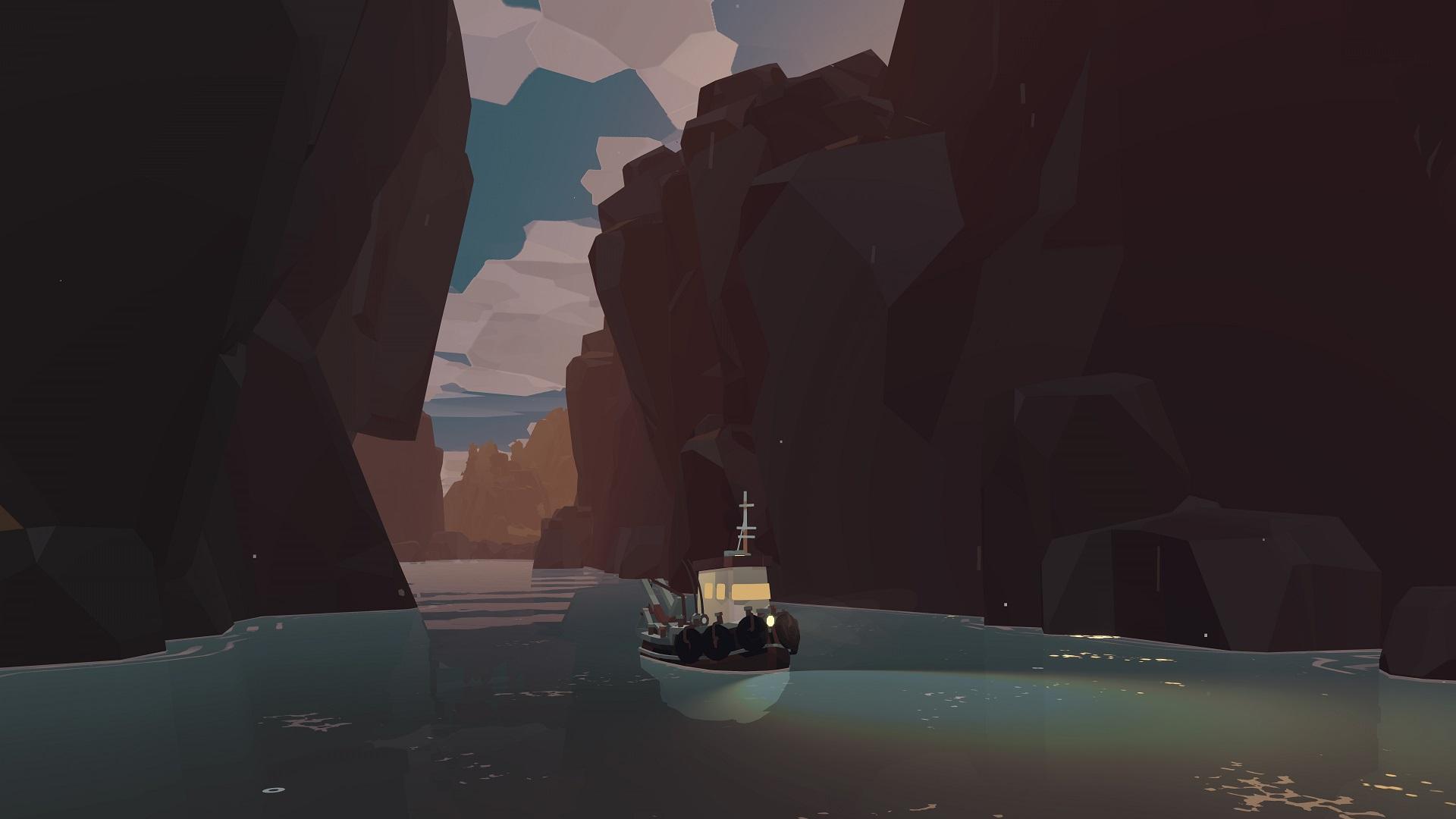 'Dredge' Boat with headlights sailing through a tight path of big rock formations.