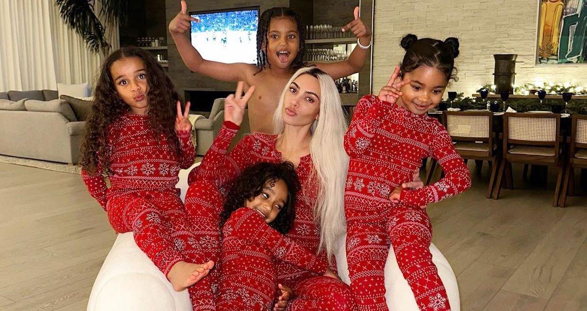 Kim Kardashian with her kids Chicago and Saint and nieces Dream and True