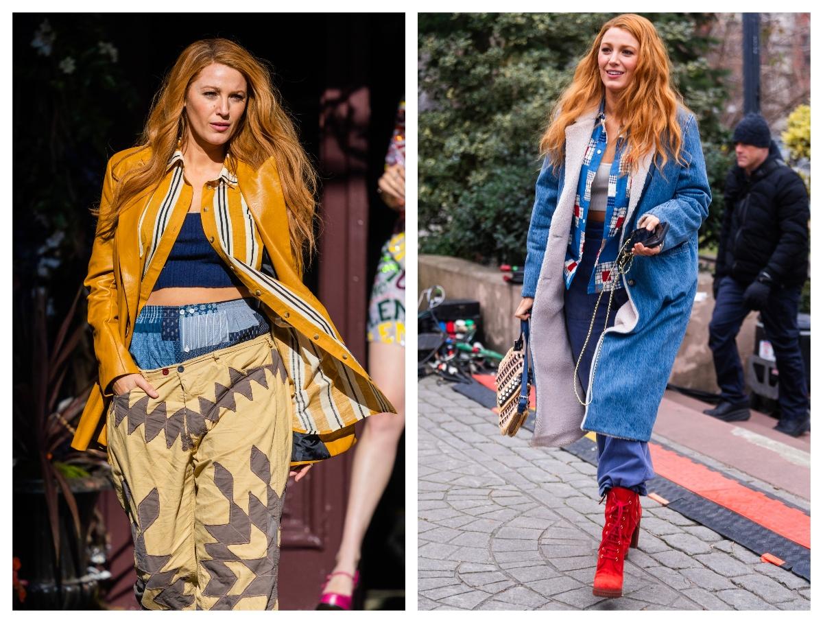 Blake Lively in character as Lily Bloom - yellow outfit, double pants, blue outfit, red boots - pictured during filming on the set of 'It Ends With Us'