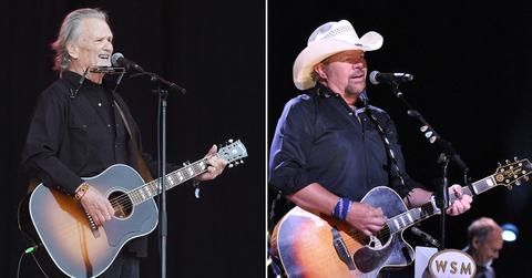 Kris Kristofferson and Toby Keith in separate images singing with a guitar.