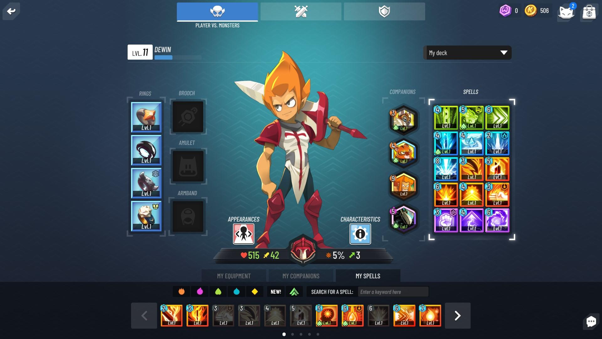 'Waven' Deckbuilding menu screen with spells, companions, skills, etc.