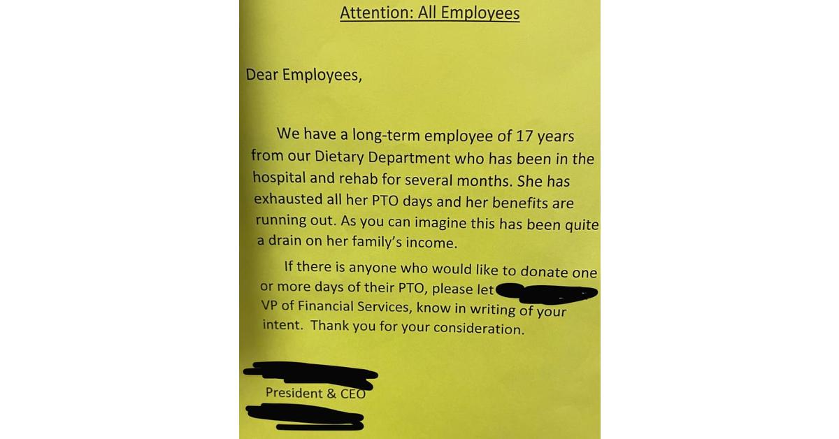 CEO Asks Employees to Donate PTO to Hospitalized Co-worker