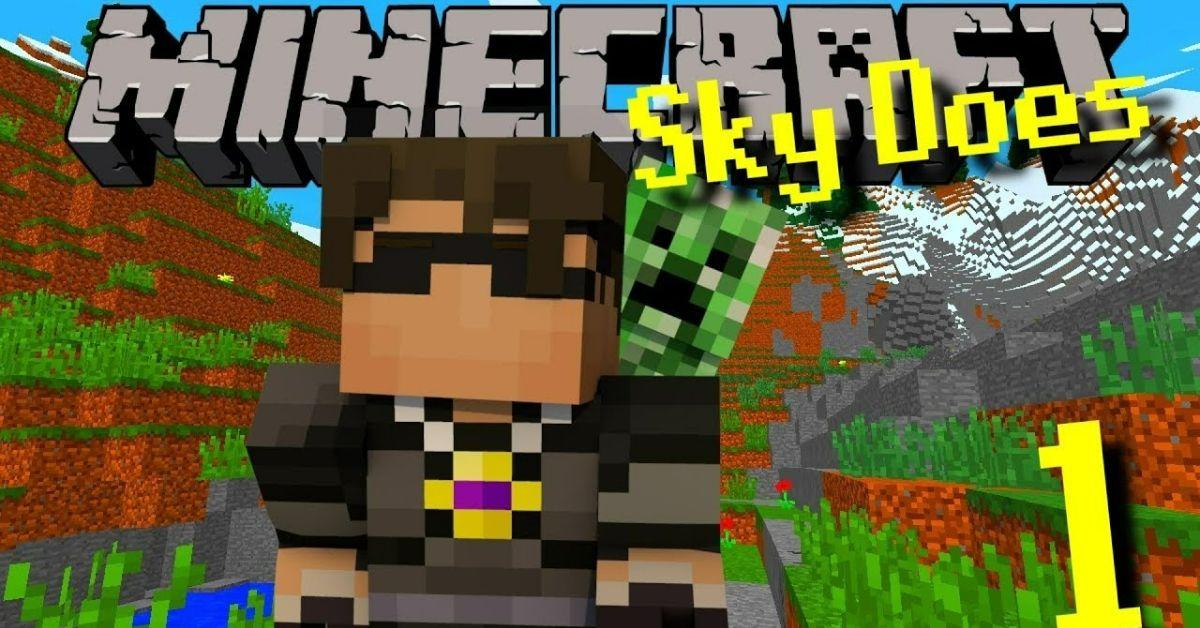 A thumbnail for SkyDoesMinecraft showing a Mincraft player with sunglasses in front of a grassy background.