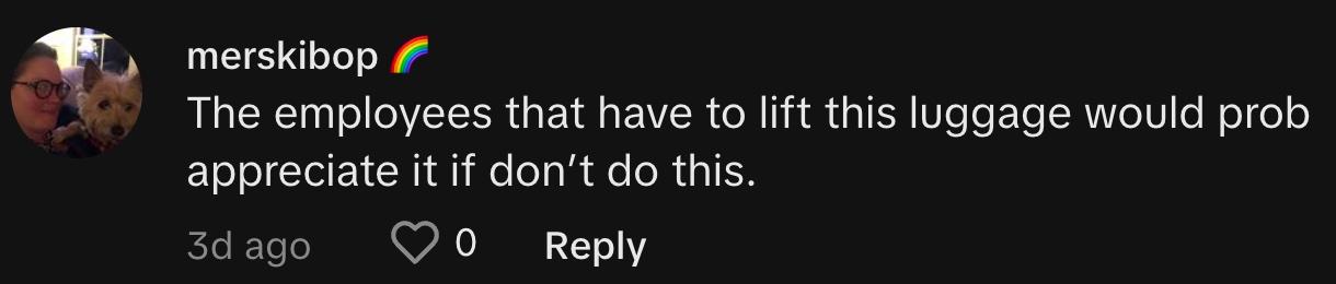 TikToker @merrymacabre commented, "The employees that have to lift this luggage would prob appreciate it if don't do this."