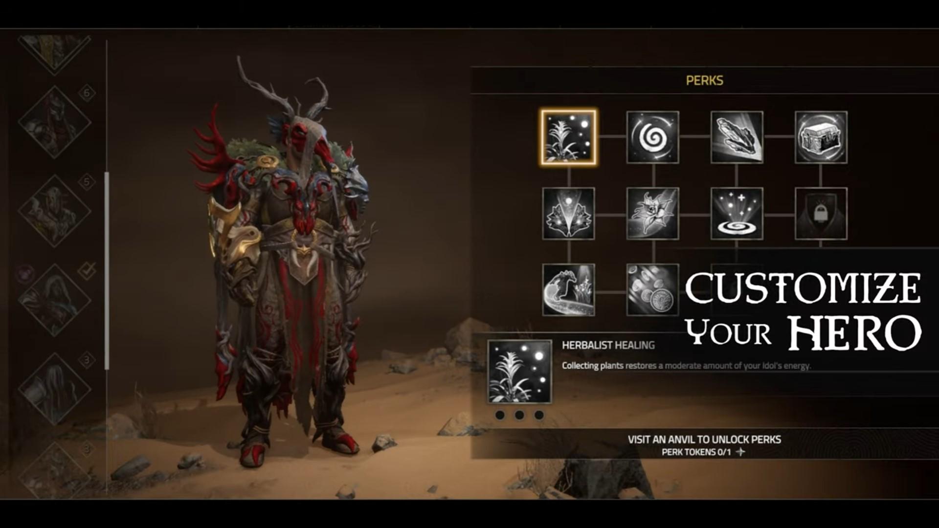 'Atlas Fallen' Trailer showing the Perks screen on the Armor menu.