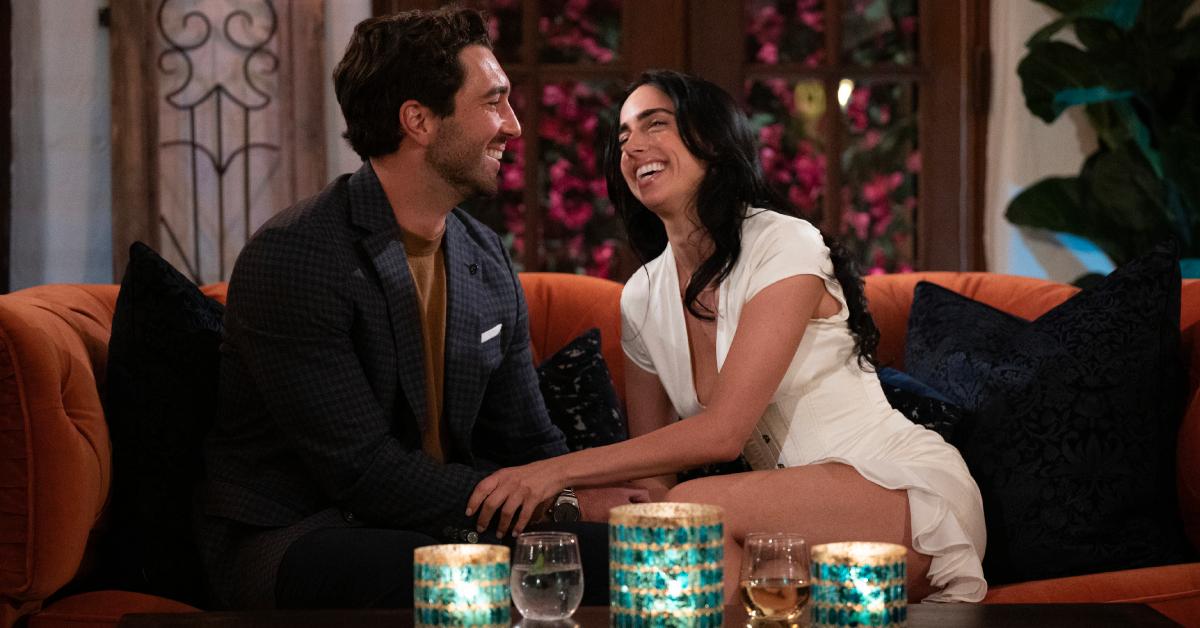 Maria and Joey sit and laugh during Season 28 of 'The Bachelor.'