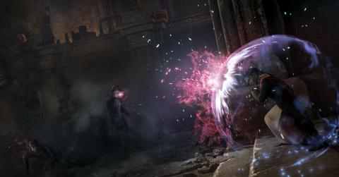 'Hogwarts Legacy' Student guarding attacks from dark wizards.