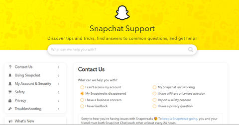 Snapchat Support screen
