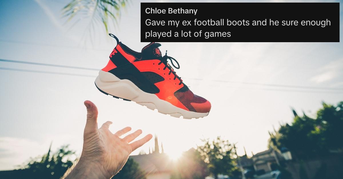 A person throwing a show in the air and a quote about gifting shoes