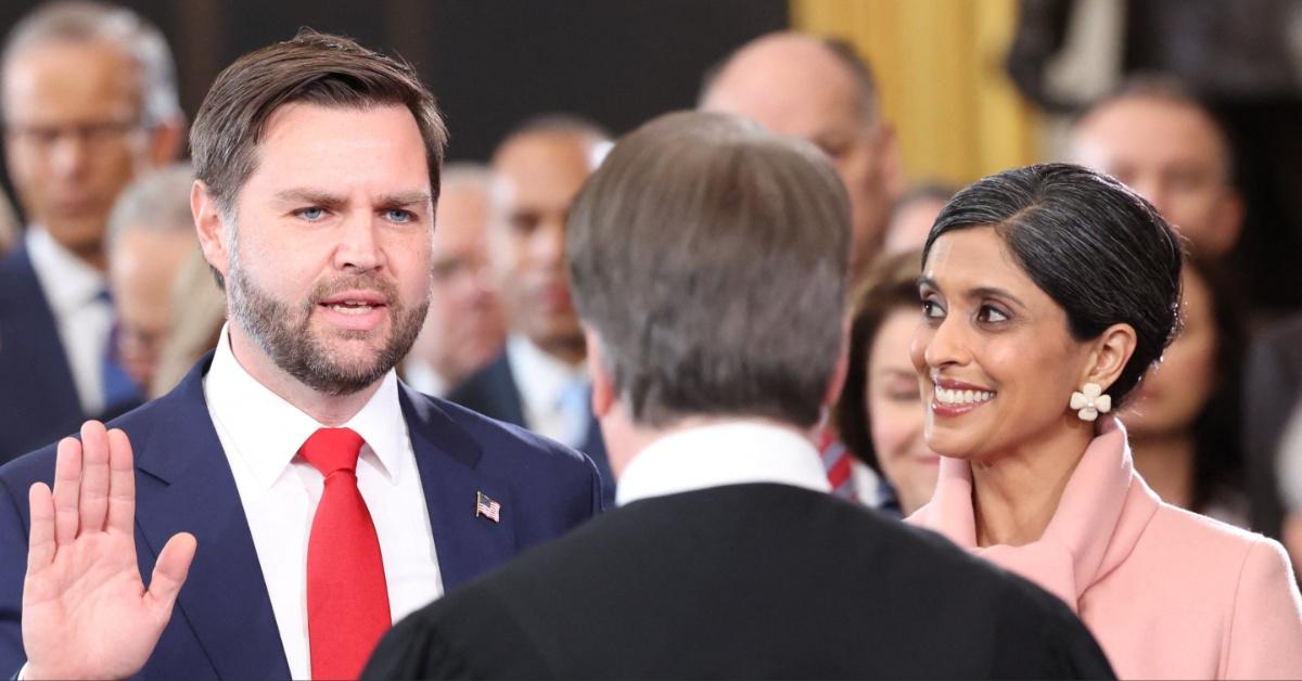 Usha Vance looks on as her husband, JD Vance, is sworn is as the Vice President of the United States.