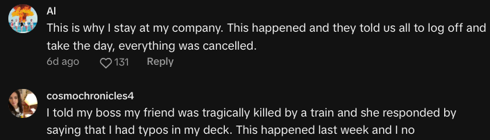 woman shocked boss response coworkers death