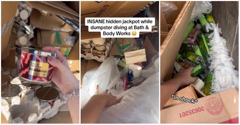 A woman holding items she found in a Bath and Body Works dumpster
