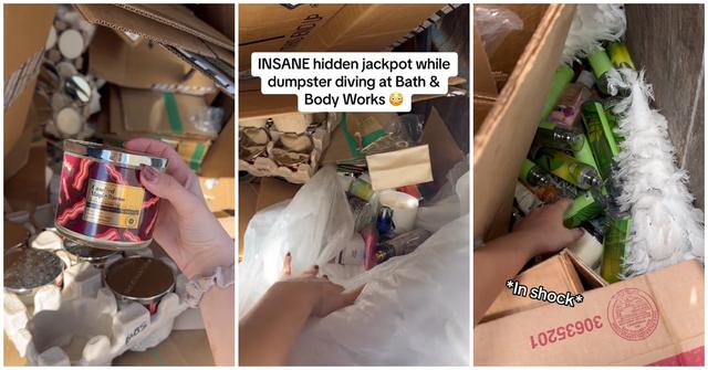 A woman holding items she found in a Bath and Body Works dumpster
