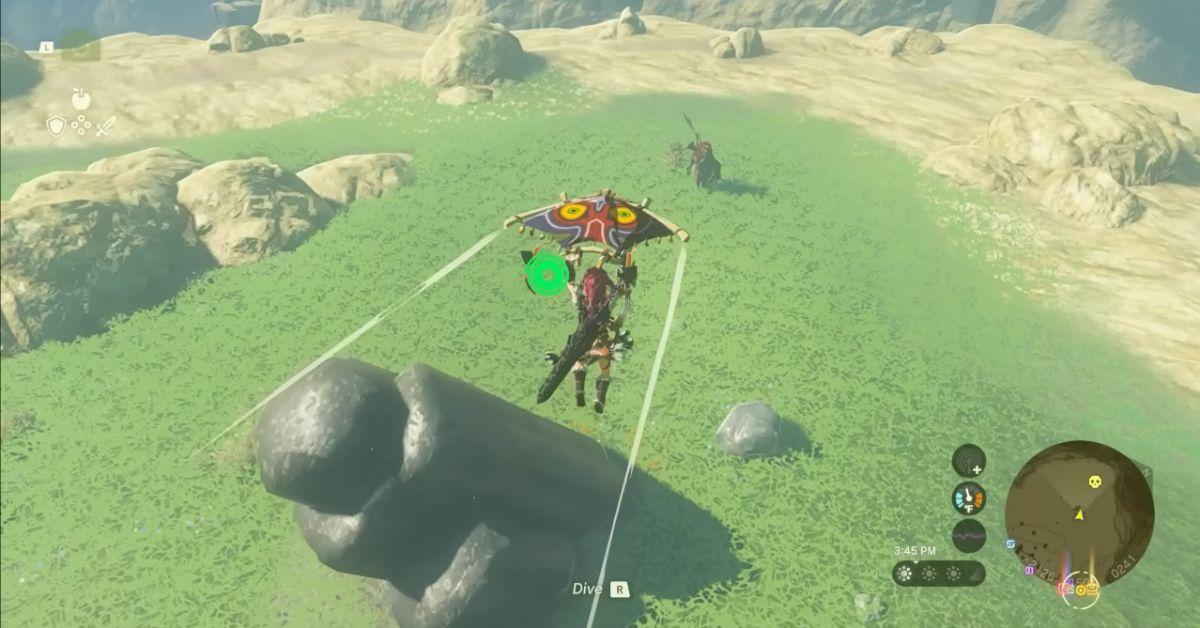 Link gliding into battle against a Lynel in Tears of the Kingdom.