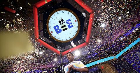 Confetti falls over Arvind Mahankali of Bayside Hills, New York after the finals of the 2013 Scripps National Spelling Bee