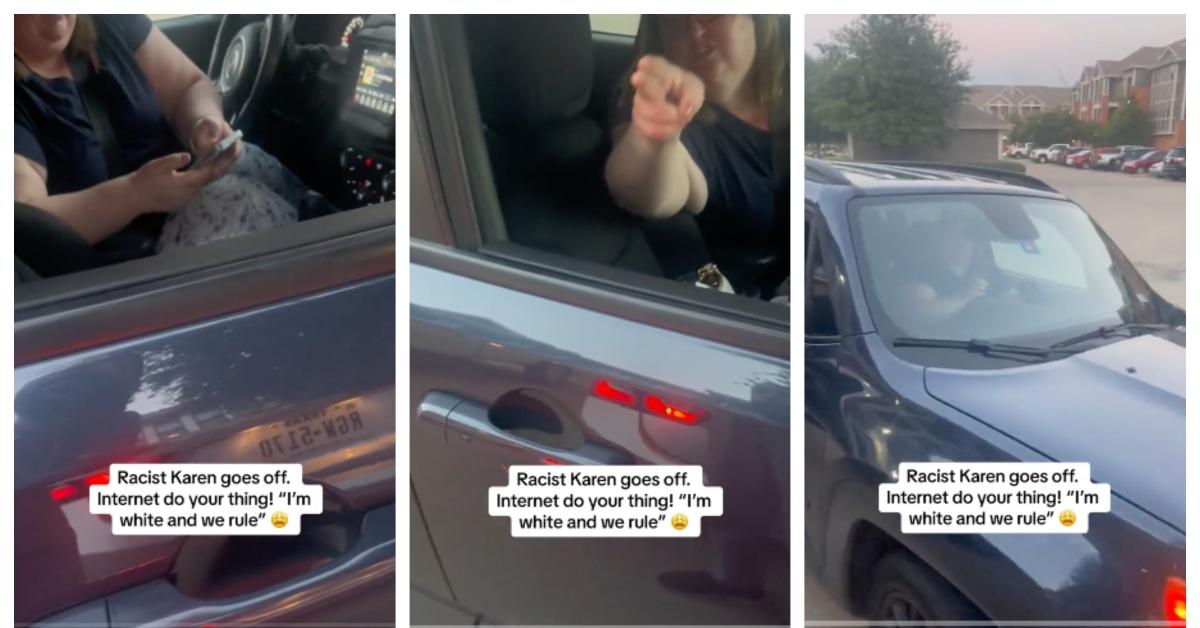 racist karen blocks men's car after they parked in her driveway, says whites rule