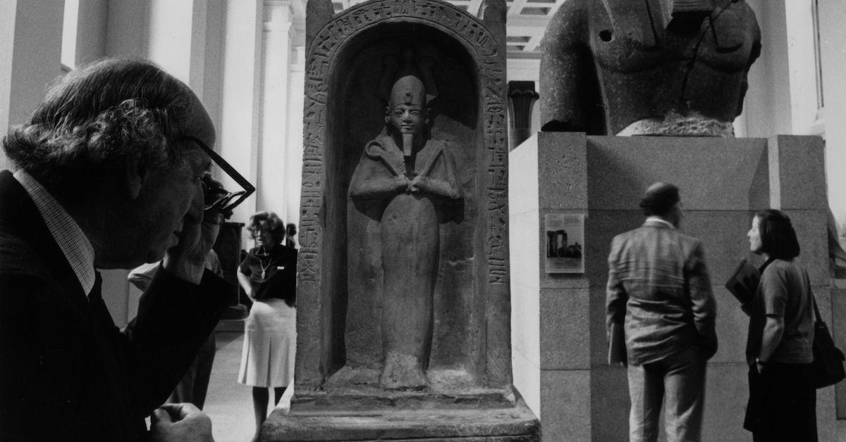 The god Osiris in a limestone shrine in the Egyptian Sculpture Gallery of the British Museum (1981)