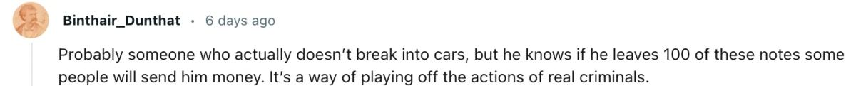 A comment about a note on car from former thief