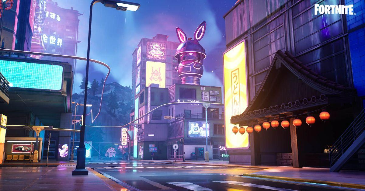 The streets of Mega City in Fortnite.