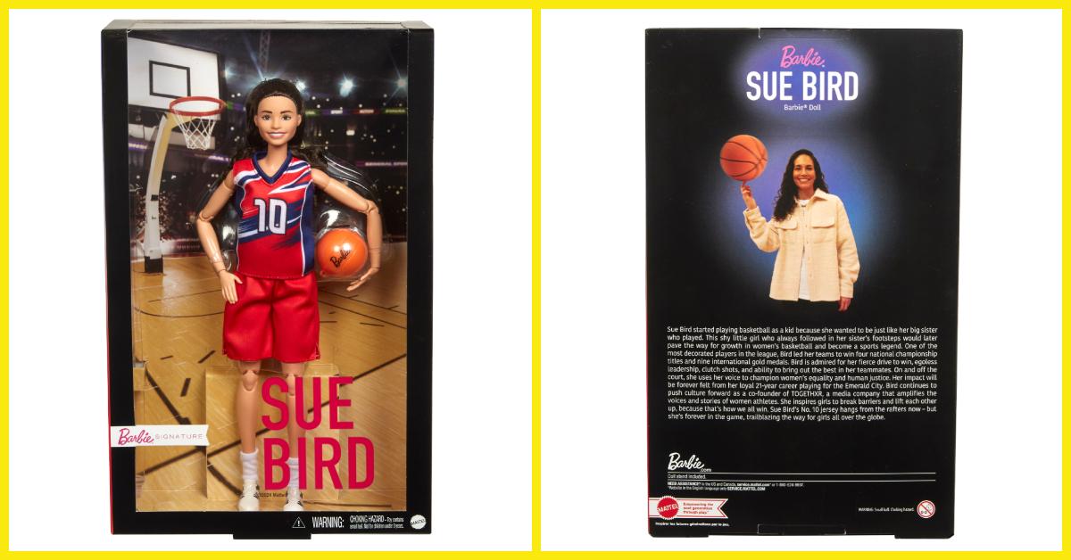 Front and back packaging for the Sue Bird Barbie role model doll.