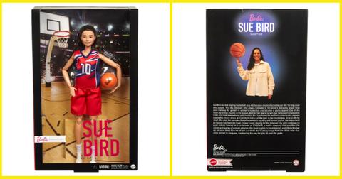 Front and back packaging for the Sue Bird Barbie role model doll.