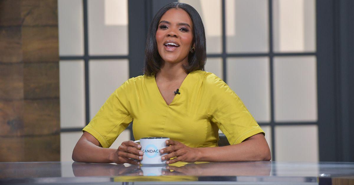 Candace Owens wearing a yellow dress on set