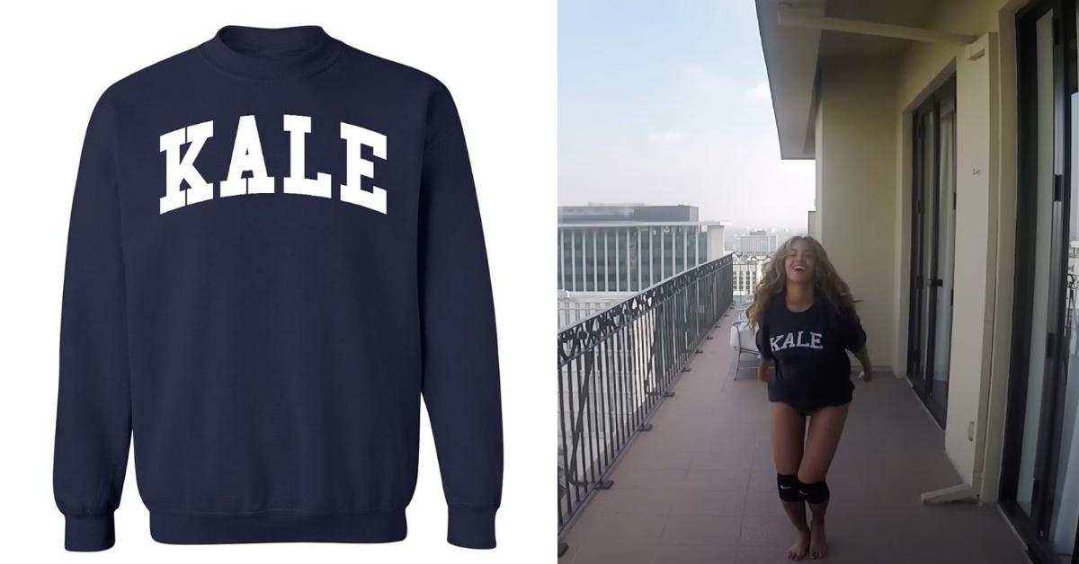 The navy blue kale sweatshirt from the "7/11" music video