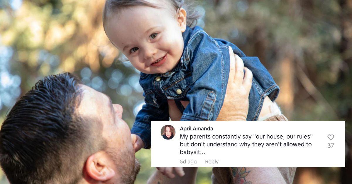 man holding baby with comment overlay about how her parents aren't allowed to babysit