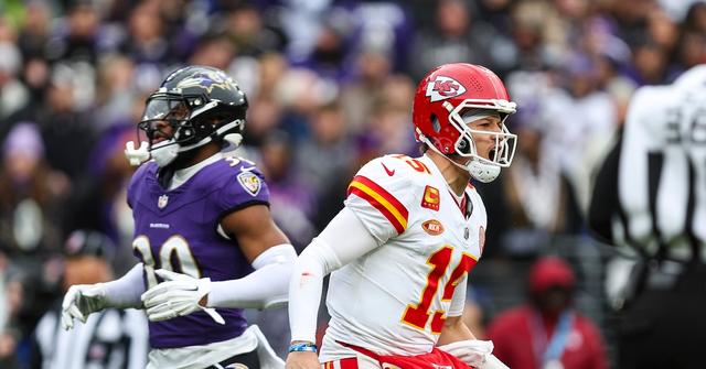Patrick Mahomes celebrates on the field versus the Ravens in AFC Championship