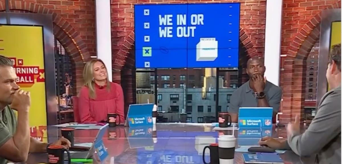 Jamie Erdahl, Kyle Brandt, Peter Schrager, and Jason McCourty filming Good Morning Football in studio