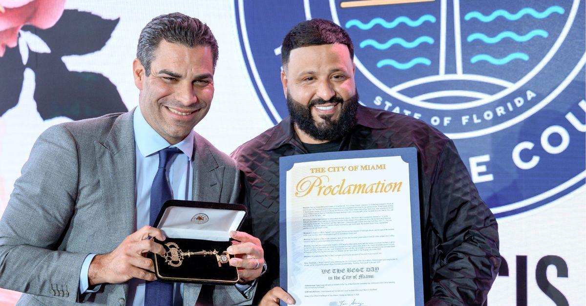  Mayor Francis Suarez presents the Key to the City to DJ Khaled