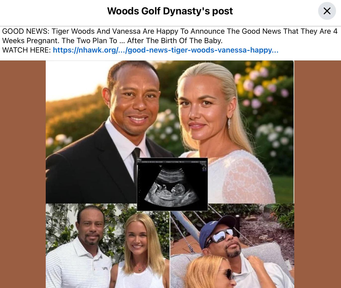 A fake Facebook post suggesting Tiger Woods and Vanessa Trump are expecting a child.