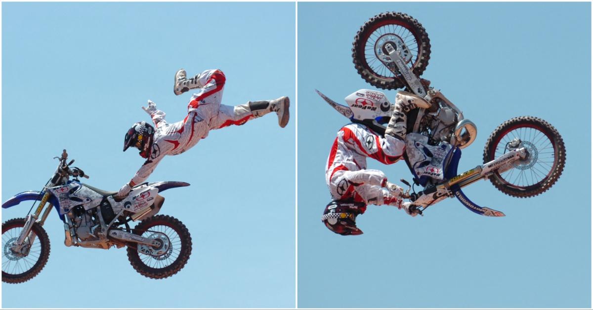 side by side collage of Jeremy Lusk performing a stunt