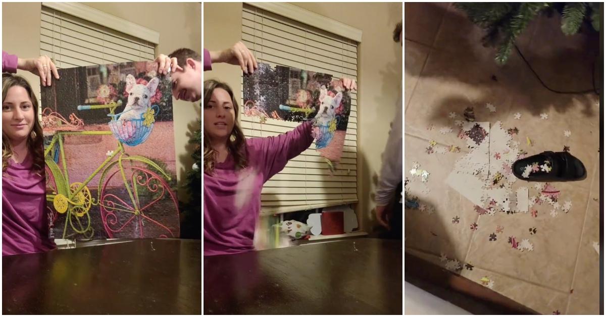 Viral post showcasing husband punching wife's puzzle just after she completes it.