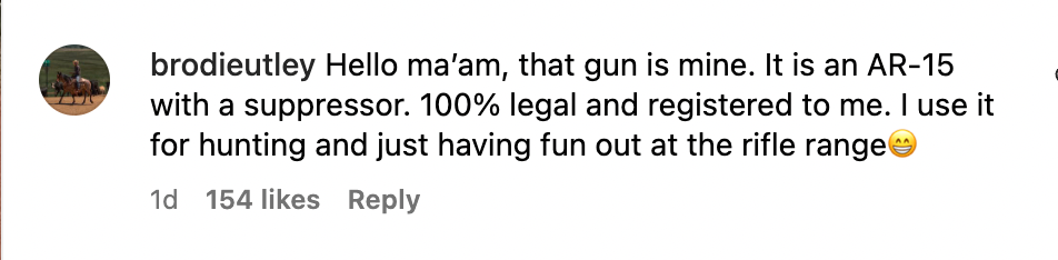 Brodie Utley's Instagram comment
