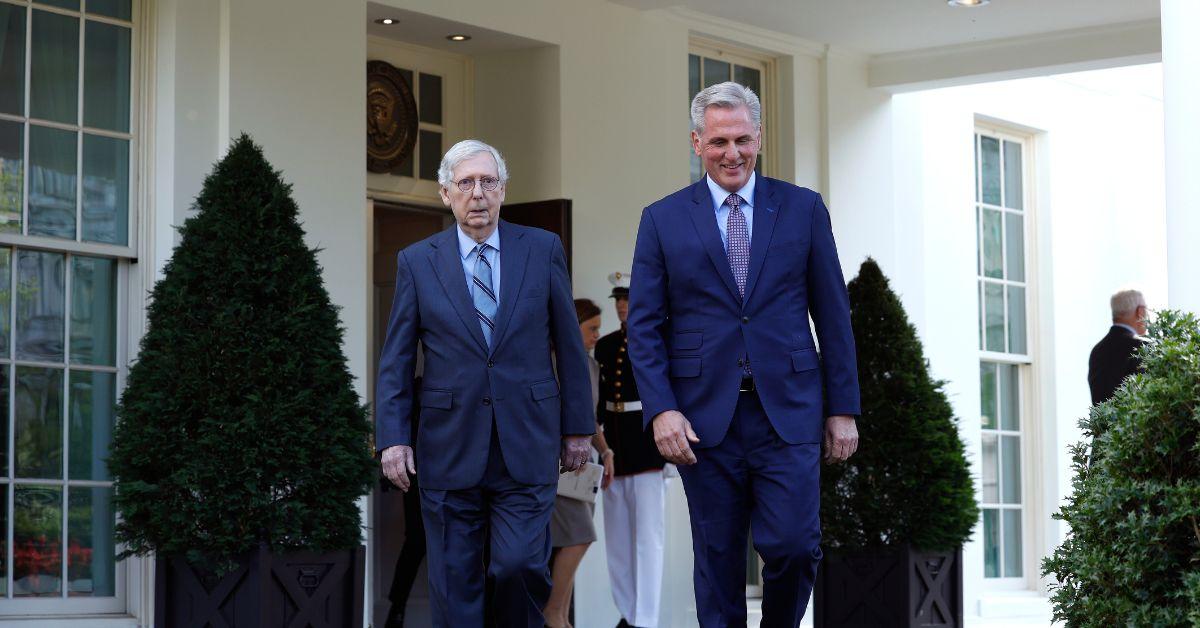 Senate Minority Leader Mitch McConnell and Speaker of the House Kevin McCarthy leave a meeting with President Joe Biden in May 2023