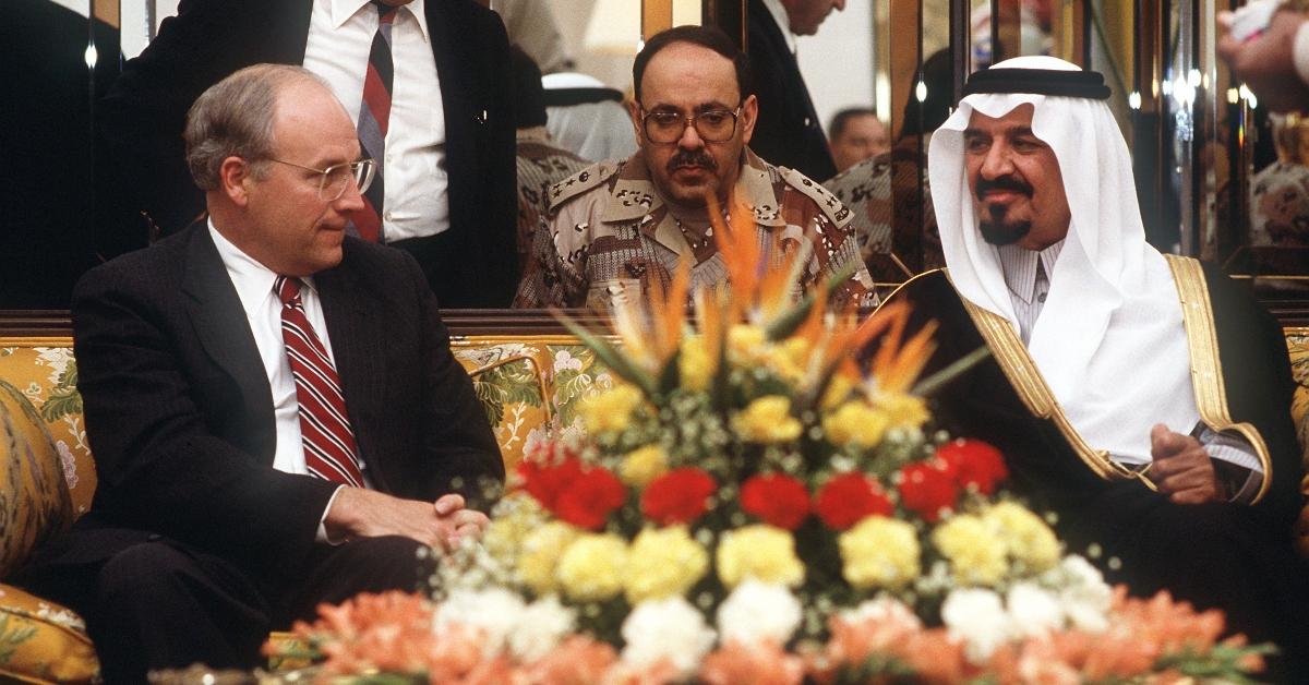 Dick Cheney (L) meets with Prince Sultan (R), Minister of Defence and Aviation in Saudi Arabia.