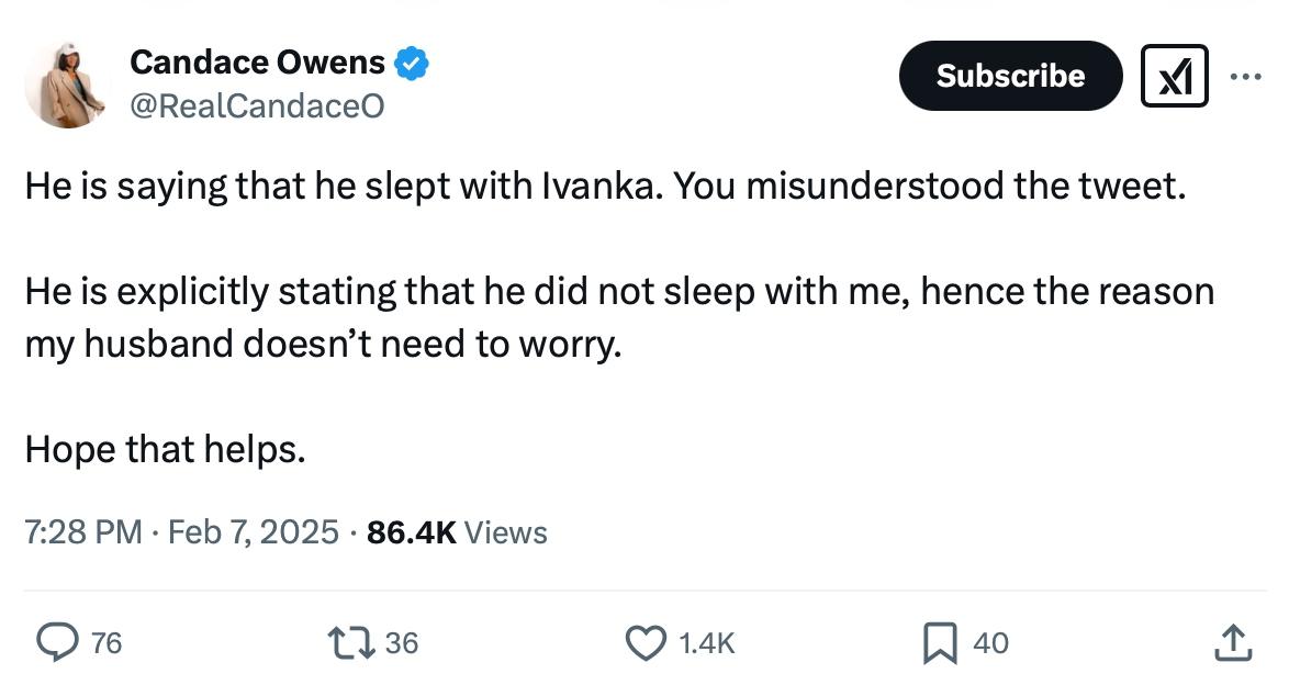 Candace Owens responds to Kanye West's tweet about Ivanka Trump's husband.