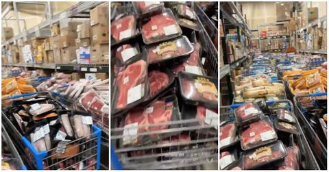 Spoiled meat and groceries in Walmart grocery baskets.