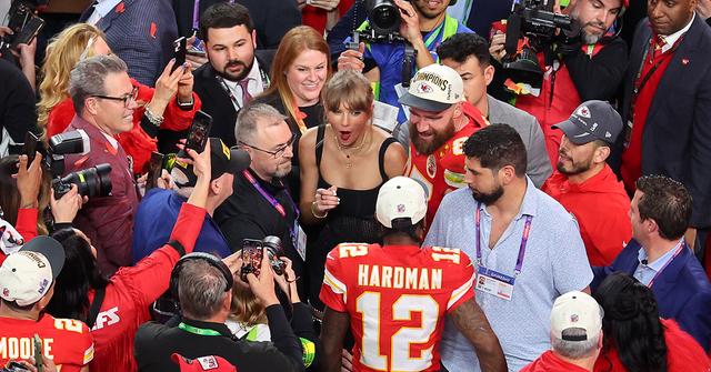 Taylor Swift and Travis Kelce after the Super Bowl.