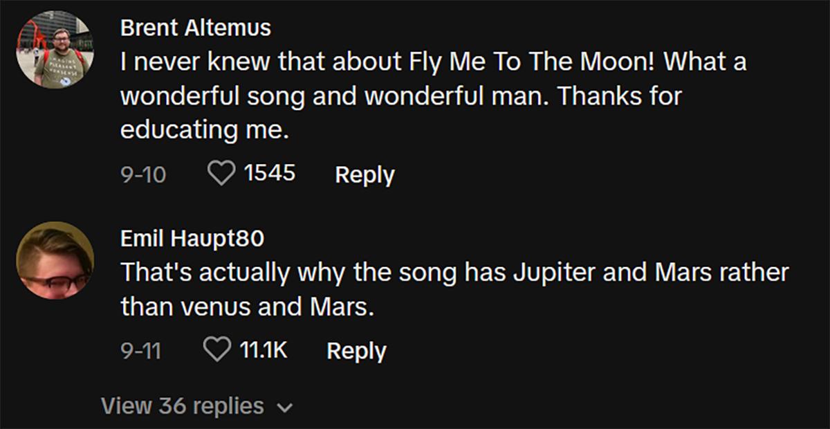 Comments  about Fly Me to the Moon song on TikTok