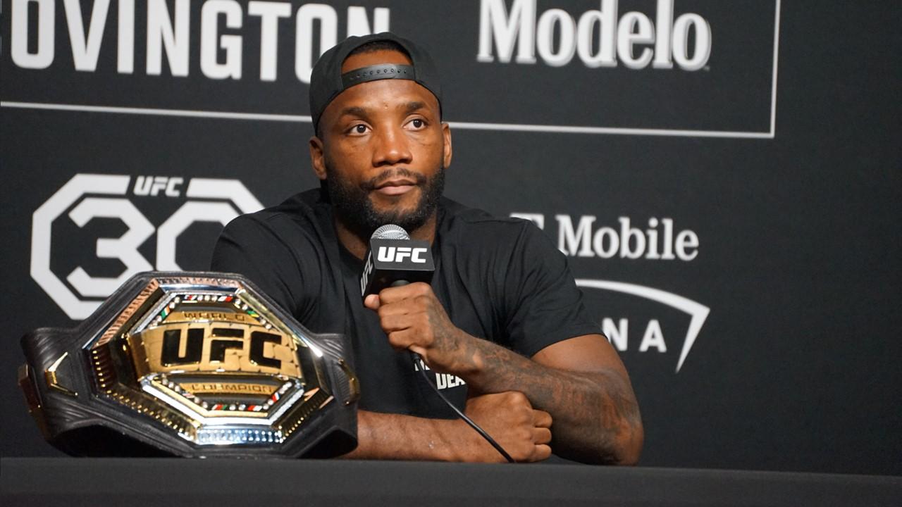  Leon Edwards attends the UFC 296 pre-fight media day on Dec. 13, 2023, at the UFC APEX in Las Vegas